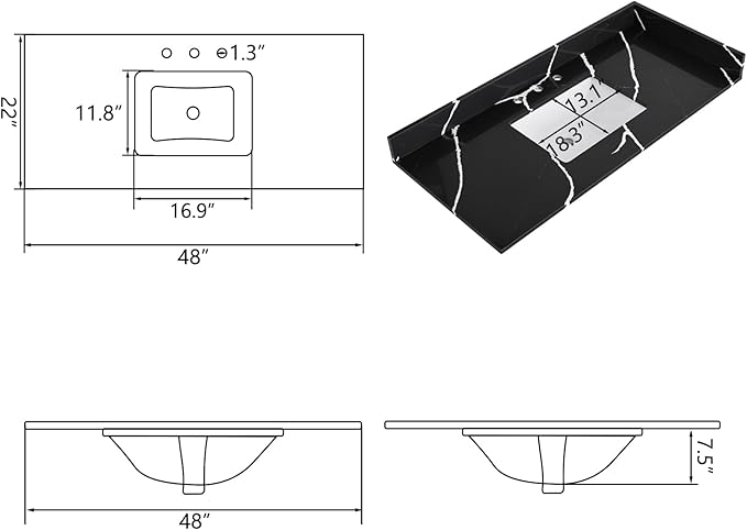 48 in. W x 22 in D Quartz Vanity Top in Black Marquina,with One Sidesplash & One Backsplash, Vanity Sink Top with Assembled Single Drop-in Sink, Pre-Drilled 8 Inch Faucet Hole Countertop