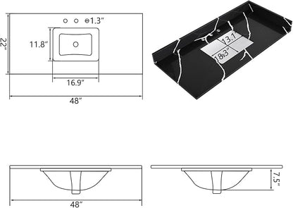 48 in. W x 22 in D Quartz Vanity Top in Black Marquina,with One Sidesplash & One Backsplash, Vanity Sink Top with Assembled Single Drop-in Sink, Pre-Drilled 8 Inch Faucet Hole Countertop
