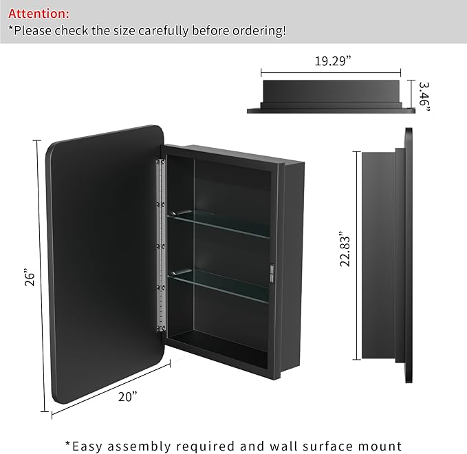 Black Medicine Cabinet Mirror,20x26 Inch Recessed Metal Framed Medicine Cabinet for Bathroom with Mirror,Adjustable Shelves Rounded Rectangle Bathroom Cabinet