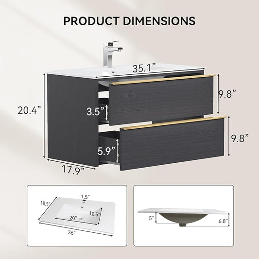 36 Inch Bathroom Vanity with Sink, Floating Vanity Bathroom, Modern Wall Mount Bathroom Cabinet, Double Drawers, Gold Handle, Suitable for All Kinds of bathrooms (with Sink, 36")