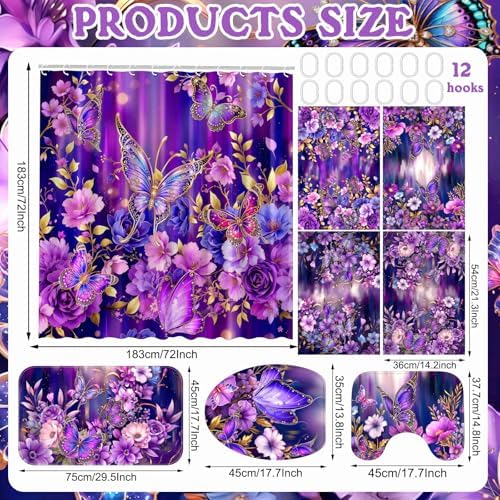 FuWeave 8 Pcs Purple Butterfly Shower Curtain Set for Bathroom Decor Include Elegant Purple Floral Shower Curtain Butterfly Towels Non Slip Rugs Toilet Lid Cover Bath Mat and 12 Hooks