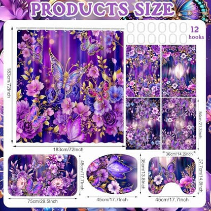 FuWeave 8 Pcs Purple Butterfly Shower Curtain Set for Bathroom Decor Include Elegant Purple Floral Shower Curtain Butterfly Towels Non Slip Rugs Toilet Lid Cover Bath Mat and 12 Hooks