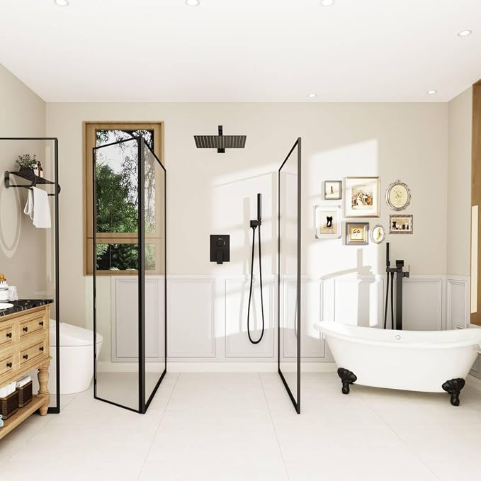 12 Inch Rainfall Shower System Rain Shower Head Combo Shower Faucet Fixture | Shower Head and Handle Set Wall Mounted Shower Mixer Kit Valve Black