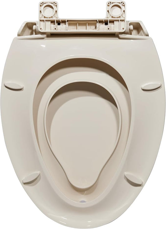19" Elongated Almond Toilet Seat for Adult and Child, Built-In Potty Training Seat with Soft Quiet Close Non-Slip Design, Magnetic Kids Seat and Cover for Elongated/Oval Toilets, Easy to Install
