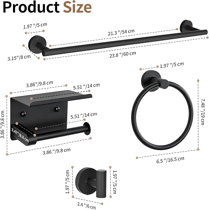 Wall Mounted Matte Black Bathroom Hardware Accessories Set, 5 Piece Complete Kit Including 23.6 Inch Towel Bar, Toilet Paper Holder, Towel Ring and Robe Hooks