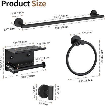 Wall Mounted Matte Black Bathroom Hardware Accessories Set, 5 Piece Complete Kit Including 23.6 Inch Towel Bar, Toilet Paper Holder, Towel Ring and Robe Hooks