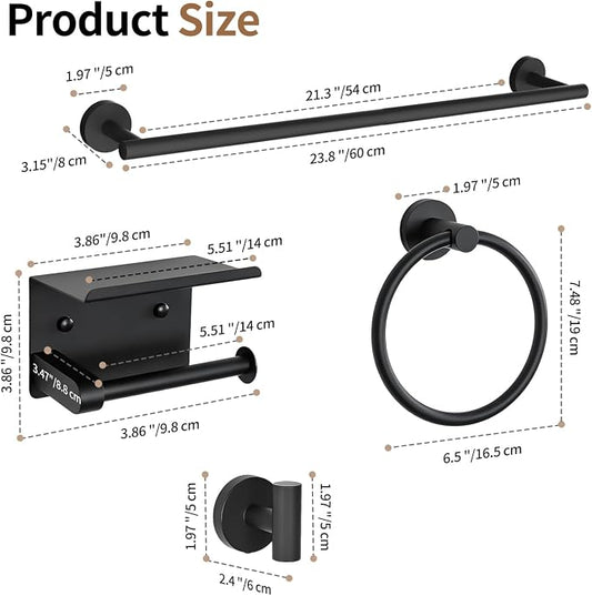 Wall Mounted Matte Black Bathroom Hardware Accessories Set, 5 Piece Complete Kit Including 23.6 Inch Towel Bar, Toilet Paper Holder, Towel Ring and Robe Hooks