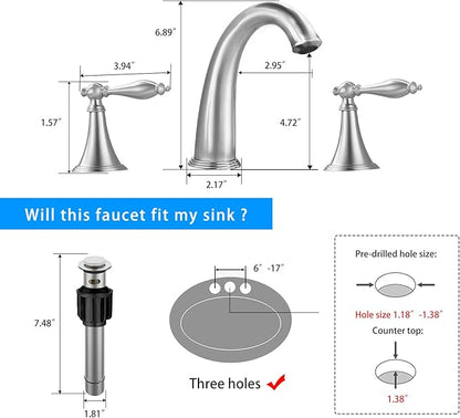 SaniteModar Brushed Color Bathroom Sink Faucet,Brass Bathroom Faucet 3 Hole,Widespread Bathroom Faucet for Sink 3 Hole,2 Handles Design with Water Supply Lines and Pop-up Drain