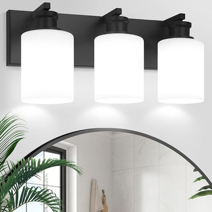 Bathroom Vanity Light, Modern 3 Light Bathroom Light Fixture Over Mirror | Light Fixture Over Sink with White Glass Shade, Black Vanity Lights for Bathroom, E26 Base, 16.5 inch (Bulbs Not Included)