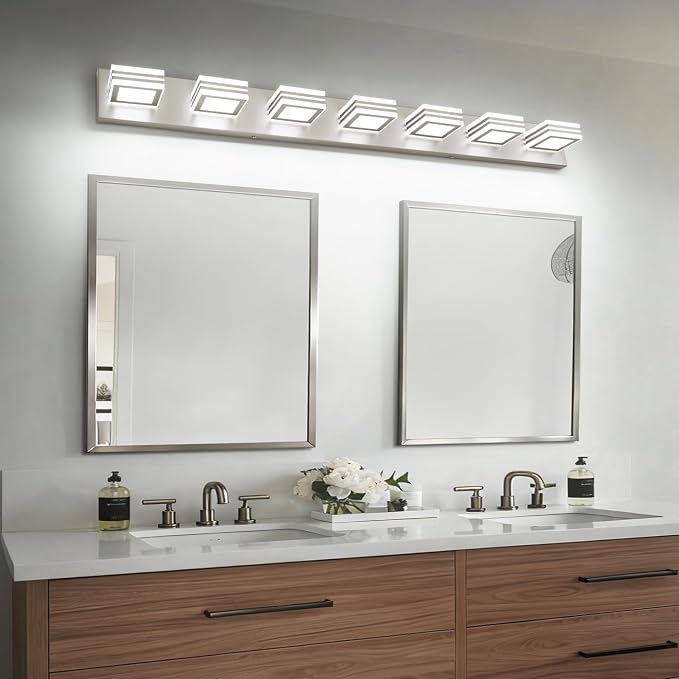 SOLFART LED Modern Vanity Lights Fixtures - 7 Lights Acrylic Brushed Nickel Modern Bathroom Wall Light Over Mirror 46inch