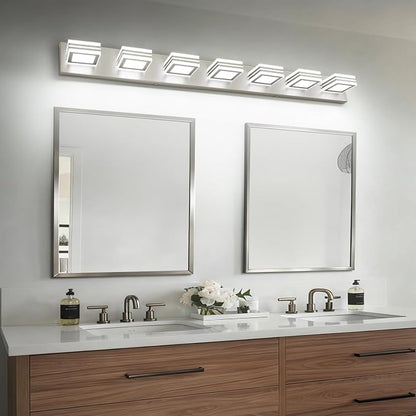 SOLFART LED Modern Vanity Lights Fixtures - 7 Lights Acrylic Brushed Nickel Modern Bathroom Wall Light Over Mirror 46inch