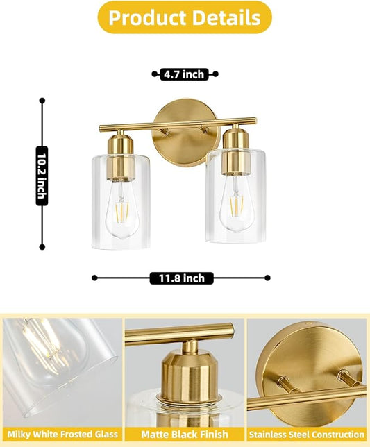 2Light Modern Vanity Lights - Gold, Clear Glass Shade, Wall Sconce for Bathroom & Bedroom, 2 Pack