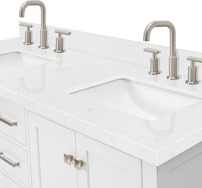 ARIEL Cambridge 60-inch Bathroom Vanity with Sink,Solid Wood, 1.5-inch Carrara White Quartz Countertop, Double Rectangular Porcelain Sink, 4 Soft Closing Doors, 6 Dovetail Drawers, White