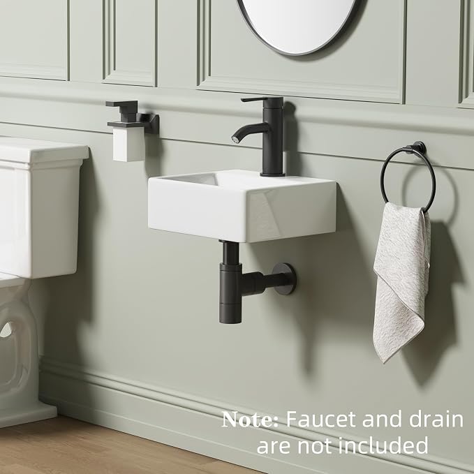 Wall Hung Bathroom Vessel Sink, QISHKA 13" X 11.5" Rectangular Floating Ceramic Wash Hand Basin White Wall Mount Vanity Sink for Small Bathroom and Small Cloakroom