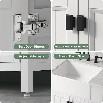36 Inch White Bathroom Vanity with Sink, Farmhouse Bathroom Vanities Cabinet with Soft Closing Doors, Vanity for Bathroom with Apron Farm Sink, Solid Wooden Frame