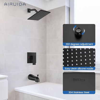 Airuida 8 Inch Shower Faucet Set,Bathtub Faucet Kit,Matte Black | Shower Tub Faucet Set,Male Threads Rough-In Valve,Square Head Shower System