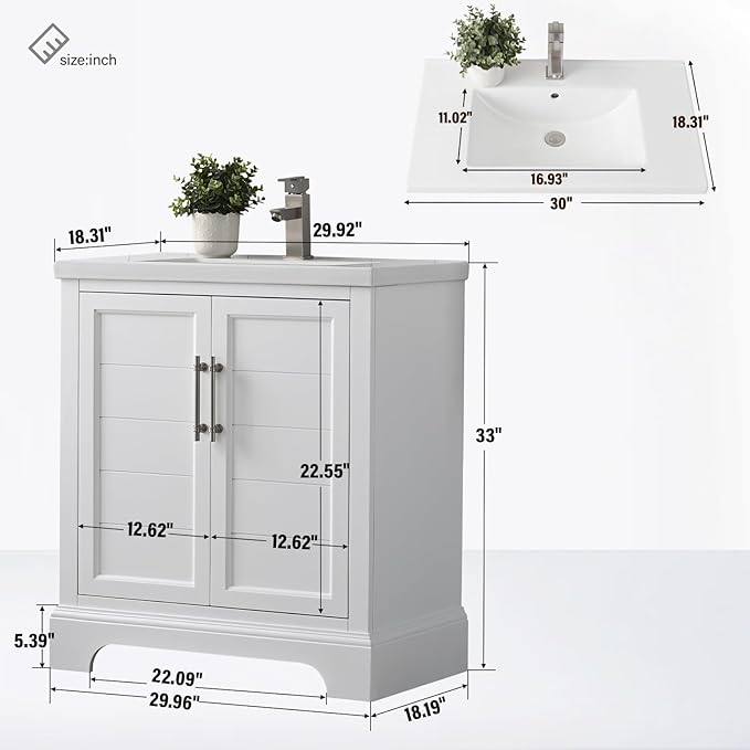 HOMEBEYOND 30 Inch Bathroom Vanity with Single Sink & Ceramic Top, Vanity Cabinet with Center Countertop Basin, Soft-Closing Doors,White