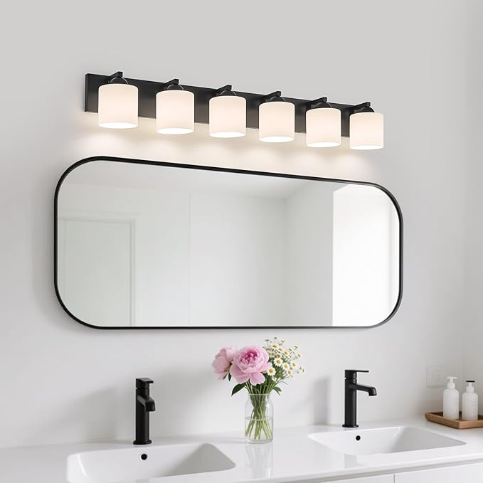 mirrea 44-Inch 6-Light Black Vanity Lights for Bathroom, Vanity Lighting Fixtures with Etched White Glass Shades