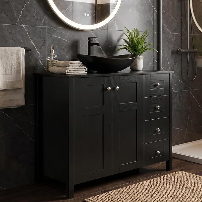 32'' Bathroom Vanity with Sink, Modern Bathroom Cabinet, Black | 2 Soft-Close Cabinet Doors, 4 Drawers, 2-Tier Inner Shelf, Freestanding Large Storage Cabinet, Black Ceramic Boat Sink