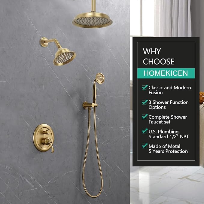 Dual Rain Shower Head System with Handheld Antique Faucet Set | Brushed Titanium Gold, Multi-layer Plating, Vintage Rainfall, 3 Way Diverter Brass Valve with Trim Kit, Easy Install