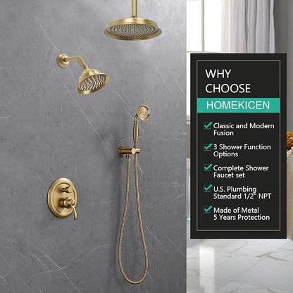 Dual Rain Shower Head System with Handheld Antique Faucet Set | Brushed Titanium Gold, Multi-layer Plating, Vintage Rainfall, 3 Way Diverter Brass Valve with Trim Kit, Easy Install