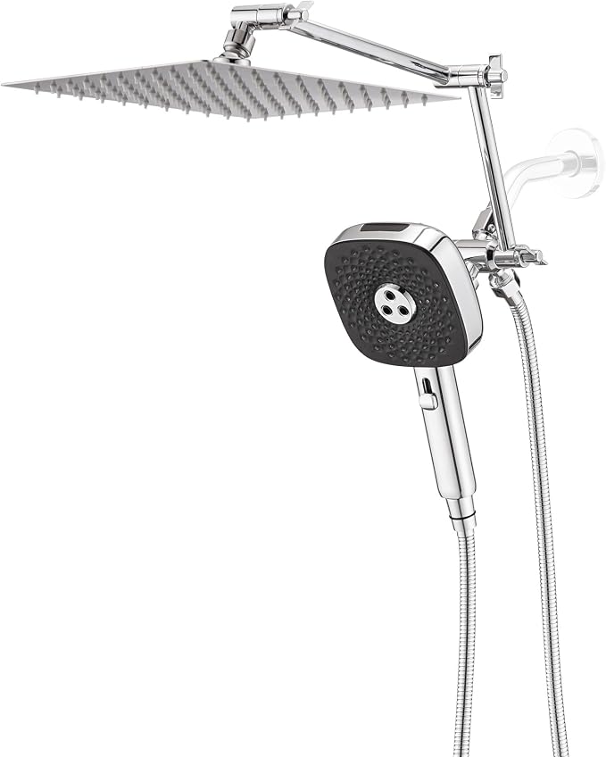 10" Rainfall Shower Head with Handheld Combo, High Pressure Dual Showerhead with Square Rain& Magnetic Hand Sprayer, 15" Adjustable Metal Extension Arm (Chrome)