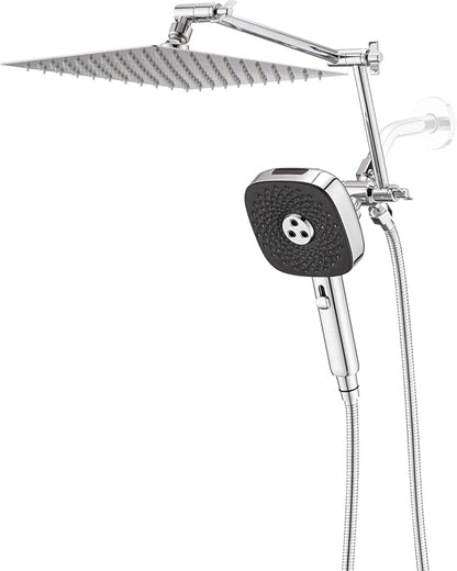 10" Rainfall Shower Head with Handheld Combo, High Pressure Dual Showerhead with Square Rain& Magnetic Hand Sprayer, 15" Adjustable Metal Extension Arm (Chrome)