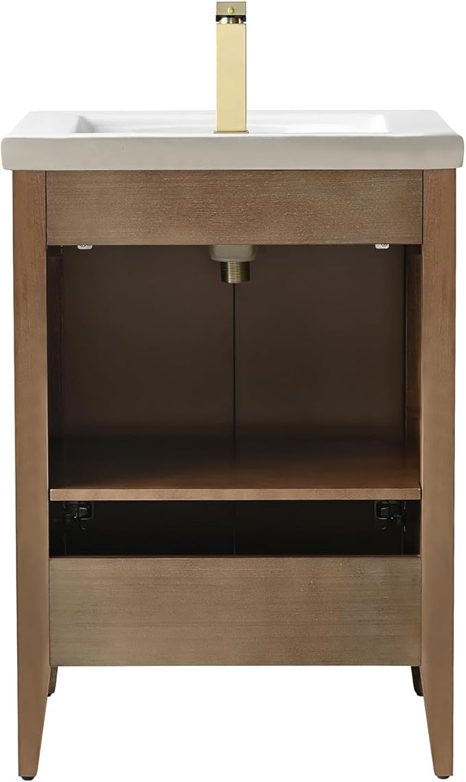 Vanity Art 24 inch Bathroom Vanity with Single Sink & Ceramic Top, Vanity Cabinet with Soft-Closing Door, Solid Wood Frame, Linear Pattern, Walnut, Golden Brushed Handware VA9124-Walnut-GB