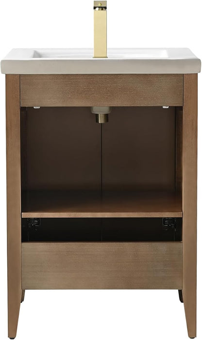 Vanity Art 24 inch Bathroom Vanity with Single Sink & Ceramic Top, Vanity Cabinet with Soft-Closing Door, Solid Wood Frame, Linear Pattern, Walnut, Golden Brushed Handware VA9124-Walnut-GB