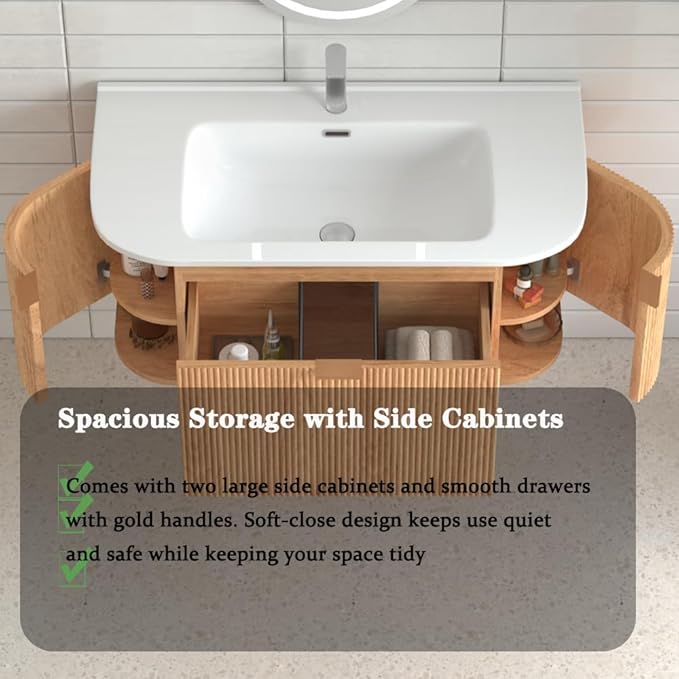 36'' Floating Bathroom Vanity with Sink, Wall Mounted Modern Bathroom Cabinet W/Curved Edges Stripes, Oak & Plywood, Pre-Assembled with Integrated Ceramic Basin – Havana, Natural Oak