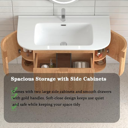 36'' Floating Bathroom Vanity with Sink, Wall Mounted Modern Bathroom Cabinet W/Curved Edges Stripes, Oak & Plywood, Pre-Assembled with Integrated Ceramic Basin – Havana, Natural Oak