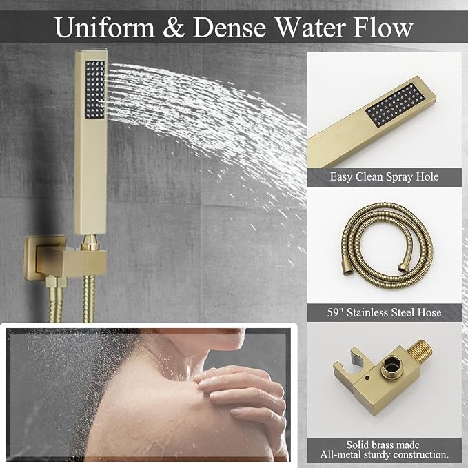 Shower Faucet Set 16 Inch Wall Mount Rain Shower System, All Metal Shower Fixtures - Brushed Gold