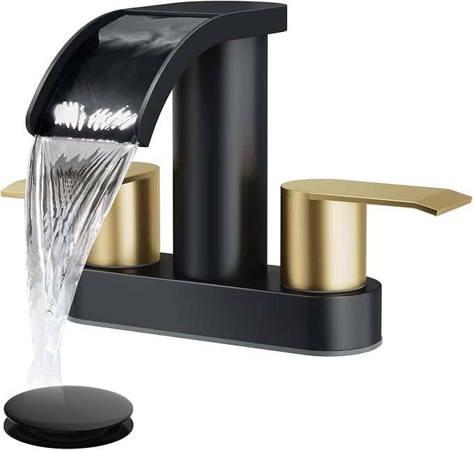 gotonovo 4’’ Centerset Bathroom Sink Faucet Waterfall Black&Brushed Gold | SUS304 Bathroom Faucet,2.17’’ Wide Spout,24’’ cUPC Water Line,Pop up Drain,2 Handle,Basin,Vanity,RV,Lavatory 2 or 3 Hole Sink