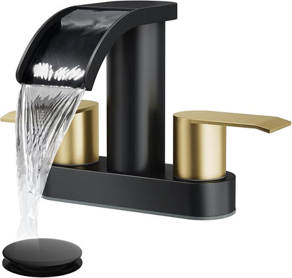gotonovo 4’’ Centerset Bathroom Sink Faucet Waterfall Black&Brushed Gold | SUS304 Bathroom Faucet,2.17’’ Wide Spout,24’’ cUPC Water Line,Pop up Drain,2 Handle,Basin,Vanity,RV,Lavatory 2 or 3 Hole Sink