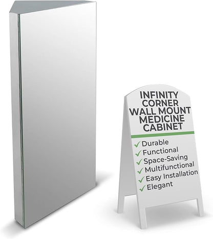Renovators Supply Infinity Corner Medicine Cabinet with Mirror - Triple Shelf Storage Cabinet - Modern Wall Mount Medicine Cabinet - 23.6 in., Right Open, Polished Stainless Steel, Pack of 1