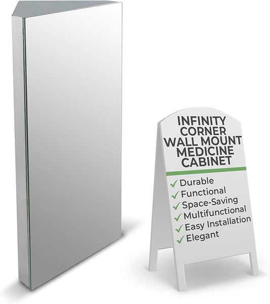 Renovators Supply Infinity Corner Medicine Cabinet with Mirror - Triple Shelf Storage Cabinet - Modern Wall Mount Medicine Cabinet - 23.6 in., Right Open, Polished Stainless Steel, Pack of 1