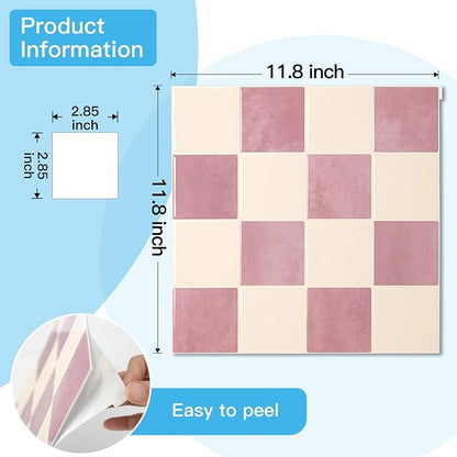 Art3d Grid Peel and Stick Backsplash, 10-Pack, 12" x 12", Pink & Warm White | Enhanced Thickness, Strong Adhesion, Moisture Resistant, Long-Lasting, Minimalist Look, DIY Friendly, for Kitchen Countertops