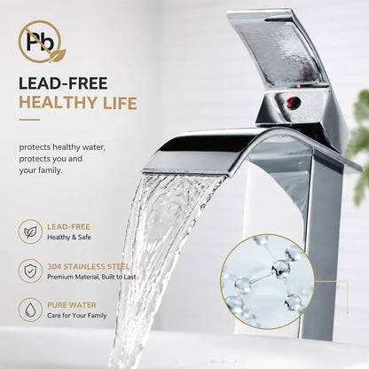 VOTON Vessel Sink Faucet Chrome Modern Tall Waterfall Bathroom Sink Faucet with Pop-Up Drain Single Handle Bathroom Faucet 1 Hole Bowl Lavatory Vanity Faucet, Rv Sink Camper Farmhouse Bathroom Faucet