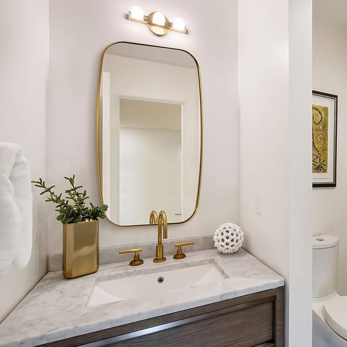 Gold Bathroom Mirror, 20x30’’ Brushed Gold Vanity Mirror for Bathroom, Brushed Brass Oblong Stainless Steel Metal Frame Mirror for Over Sink