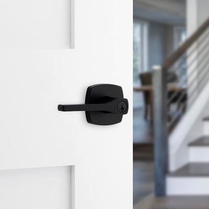 Kwikset Tripoli Lever Entry Door Handle with Lock and Key, Secure Keyed Reversible Lever Exterior, For Front Entrance and Bedrooms, Matte Black, Pick Resistant Smartkey Rekey Security and Microban