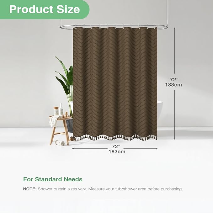 Dynamene Boho Farmhouse Shower Curtain, Brown Fabric Tufted Chevron Striped Textured Tassel Shower Curtains for Bathroom, Shabby Chic Waterproof Cloth Shower Curtain Set with Hooks, 72x72