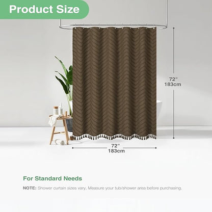 Dynamene Boho Farmhouse Shower Curtain, Brown Fabric Tufted Chevron Striped Textured Tassel Shower Curtains for Bathroom, Shabby Chic Waterproof Cloth Shower Curtain Set with Hooks, 72x72