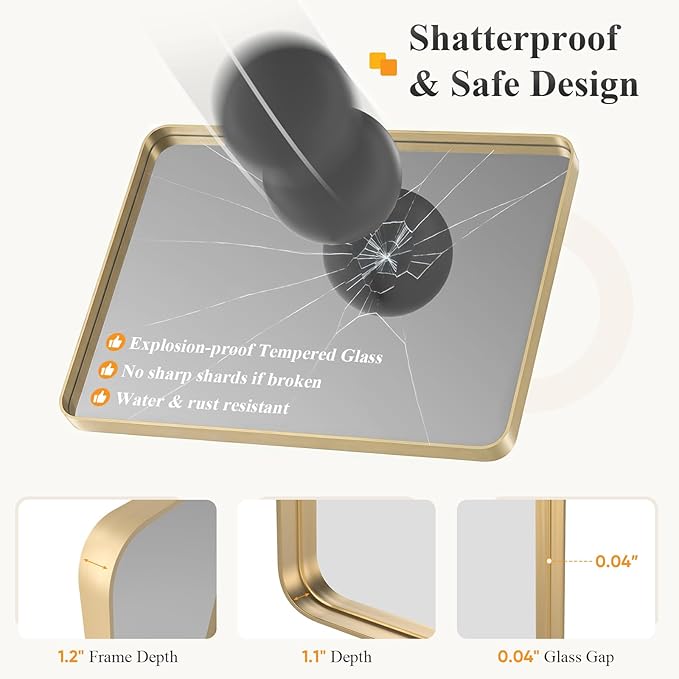 Sweetcrispy Bathroom Mirror 30x24 Inch, Vanity Mirror for Wall | Metal Framed Rounded Rectangle, Over Sink, Farmhouse, Restroom, Anti-Rust, Horizontal or Vertical Hanging, Gold