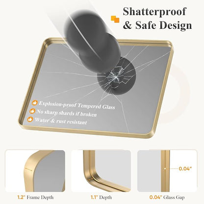 Sweetcrispy Bathroom Mirror 48x36 Inch, Vanity Mirror for Wall | Metal Framed Rounded Rectangle, Over Sink, Farmhouse Restroom, Anti-Rust, Horizontal or Vertical Hanging, Gold