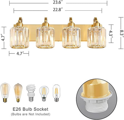 Crystal Vanity Lights, Modern 4-Light Bathroom Lights Over Mirror, Bathroom Light Fixtures with Polished Gold Finish for Mirror Bedroom Living Room (Exclude Bulb)