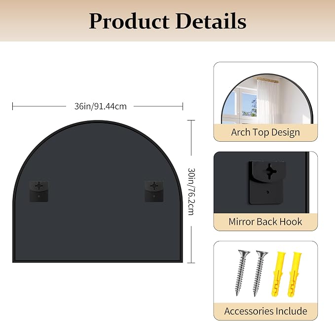 COFENY Arched Mirror, 36’’x30’’ Black Arch Mirrors for Bathroom Sink, Wide Bathroom Vanity Mirror with Metal Frame, Modern Wall Mounted Mirror for Bedroom Living Room Mantle Entryway