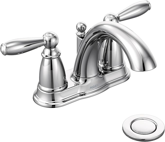 Moen Brantford Chrome Two-Handle Low-Arc Traditional Centerset Bathroom Faucet with Drain Assembly, 6610