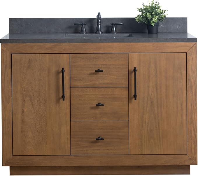 Vanity Art 48" Bathroom Vanity with Sink, Solid Poplar Wood, Vanity Cabinet with Doors and Shelf, Modern Wood Bathroom Vanity with Black Marble Top, 3 Functioning Drawers,VA70-48-T-B