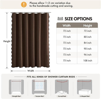 ANRODUO Brown Scalloped Linen Textured Shower Curtain, W72 x L84 | Boho Farmhouse Shower Curtain with 12 Metal Hooks, Machine Washable Waterproof Heavy Duty Fabric for Bathroom Bathtub