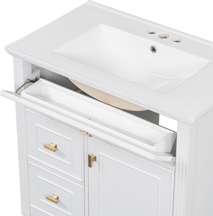 30" Bathroom Vanity with Ceramic Sink, Undermount Single Basin Bath Vanity Set w/1 Flip-Up & 2 Drawers,Modern Freestanding Storage Cabinet w/Adjustable Shelf,Solid Wood Frame,White
